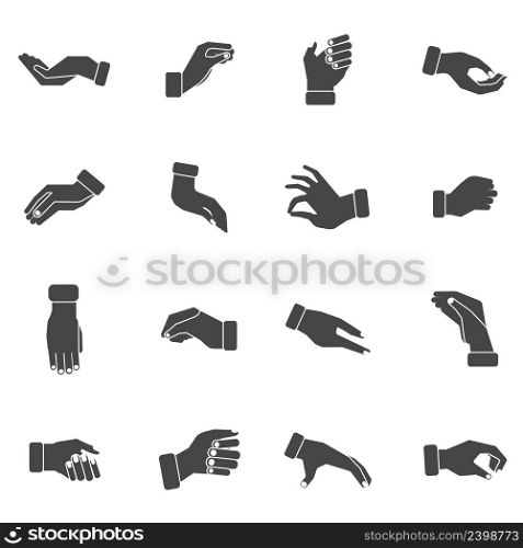 Hand palms gestures of grabbing taking and holding something black silhouettes icons collection abstract vector isolated illustration. Hand palms grabbing black icons set