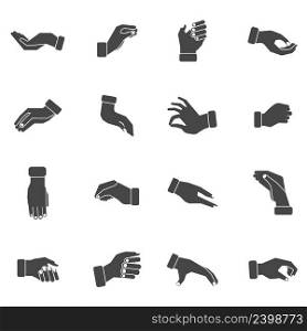 Hand palms gestures of grabbing taking and holding something black silhouettes icons collection abstract vector isolated illustration. Hand palms grabbing black icons set