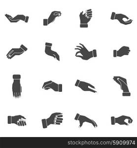 Hand palms grabbing black icons set. Hand palms gestures of grabbing taking and holding something black silhouettes icons collection abstract vector isolated illustration