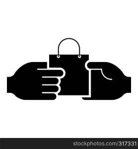 Hand passes the package to the other hand Hand pass bag other hand Concept commerce Idea trade Market subject Marketing icon black color vector illustration flat style simple image