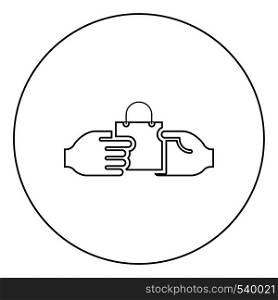Hand passes the package to the other hand Hand pass bag other hand Concept commerce Idea trade Market subject Marketing icon in circle round outline black color vector illustration flat style simple image