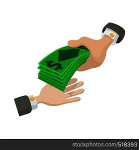 Hand passing money icon in cartoon style on a white background. Hand passing money icon, cartoon style