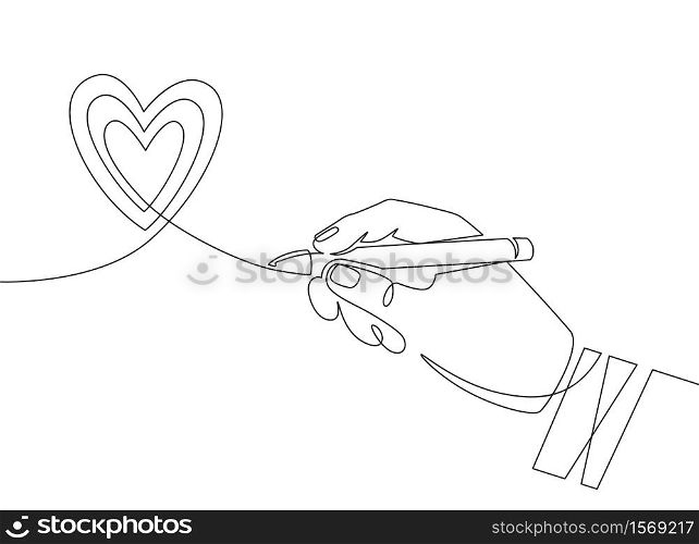 Hand pen and heart. Continuous one line hand drawing heart scribble sign. Minimal outline love symbol, valentine graphic vector concept. Linear romantic template with man palm illustration. Hand pen and heart. Continuous one line hand drawing heart scribble sign. Minimal outline love symbol, valentine graphic vector concept