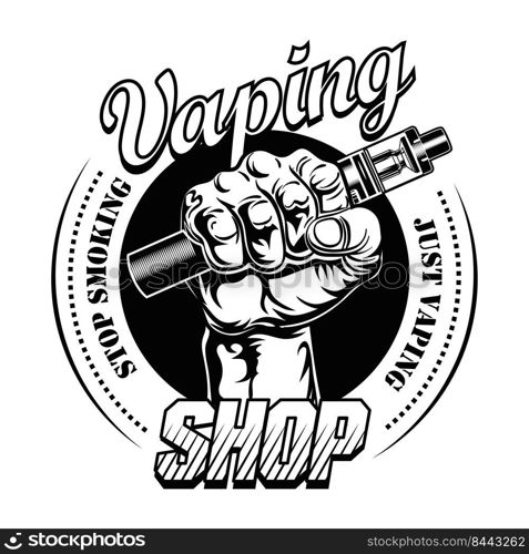 Hand pf vaper vector illustration. Male hand holding electronic cigarette, stop smoking text, st&. Retail concept for vape bar or store label, poster or emblem template