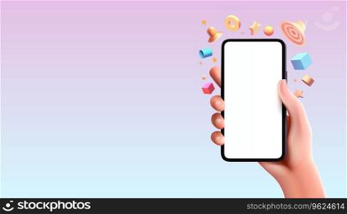 Hand phone white screen, icons 3d toys, product advertising phone. Vector illustration. Hand phone white screen, icons 3d toys, product advertising phone. Vector