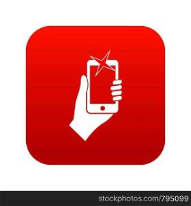 Hand photographed on mobile phone icon digital red for any design isolated on white vector illustration. Hand photographed on mobile phone icon digital red