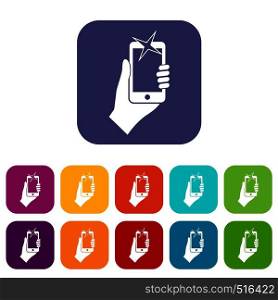 Hand photographed on mobile phone icons set vector illustration in flat style in colors red, blue, green, and other. Hand photographed on mobile phone icons set