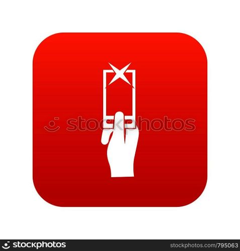 Hand photographs on smartphone icon digital red for any design isolated on white vector illustration. Hand photographs on smartphone icon digital red
