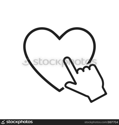 Hand pointer on heart icon in linear style. Hand clicking linear icon. White hand cursor pointer icon. Click here vector web button. EPS 10