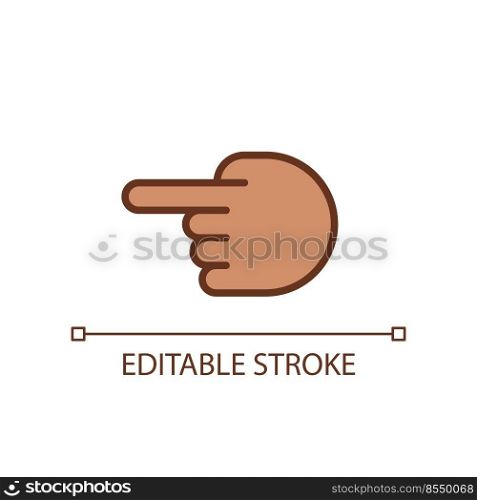 Hand pointing aside pixel perfect RGB color icon. Index finger showing direction. Hand gesture. Isolated vector illustration. Simple filled line drawing. Editable stroke. Arial font used. Hand pointing aside pixel perfect RGB color icon
