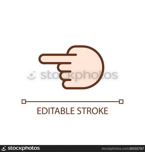 Hand pointing aside pixel perfect RGB color icon. Index finger showing direction. Hand gesture. Isolated vector illustration. Simple filled line drawing. Editable stroke. Arial font used. Hand pointing aside pixel perfect RGB color icon