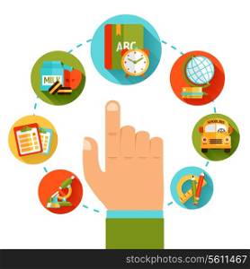 Hand pointing on education icons set studying elements concept vector illustration
