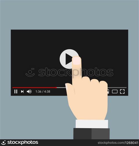 hand pointing on video screen with black background.