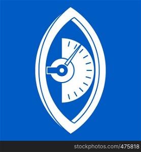 Hand power meter icon white isolated on blue background vector illustration. Hand power meter icon white