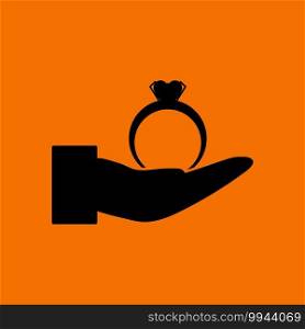 Hand Present Heart Ring Icon. Black on Orange Background. Vector Illustration.