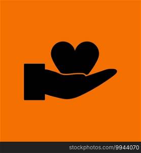 Hand Present Heart Ring Icon. Black on Orange Background. Vector Illustration.