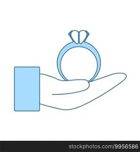 Hand Present Heart Ring Icon. Thin Line With Blue Fill Design. Vector Illustration.
