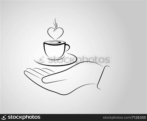 Hand presents a Cup of coffee with steam in the form of a heart, black and white drawing