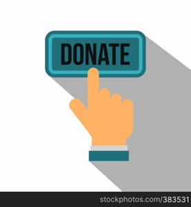 Hand presses button to donate icon. Flat illustration of hand presses button to donate vector icon for web design. Hand presses button to donate icon, flat style