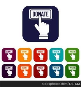 Hand presses button to donate icons set vector illustration in flat style in colors red, blue, green, and other. Hand presses button to donate icons set
