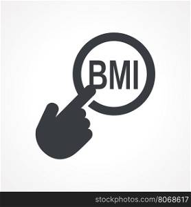 "Hand presses the button with text "BMI". Vector illustration"