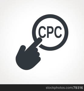 "Hand presses the button with text "CPC". Hand presses the button with text "CPC". Vector illustration"