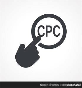 "Hand presses the button with text "CPC". Vector illustration"