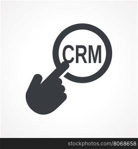 "Hand presses the button with text "CRM". Vector illustration"