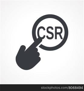 "Hand presses the button with text "CSR". Vector illustration"