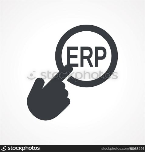 "Hand presses the button with text "ERP". Vector illustration"
