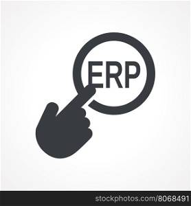"Hand presses the button with text "ERP". Vector illustration"