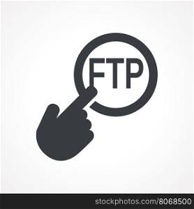 "Hand presses the button with text "FTP". Vector illustration"