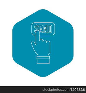 Hand pressing a button with the text Send icon. Outline illustration of hand pressing a button with the text Send vector icon for web. Hand pressing a button with the text Send icon