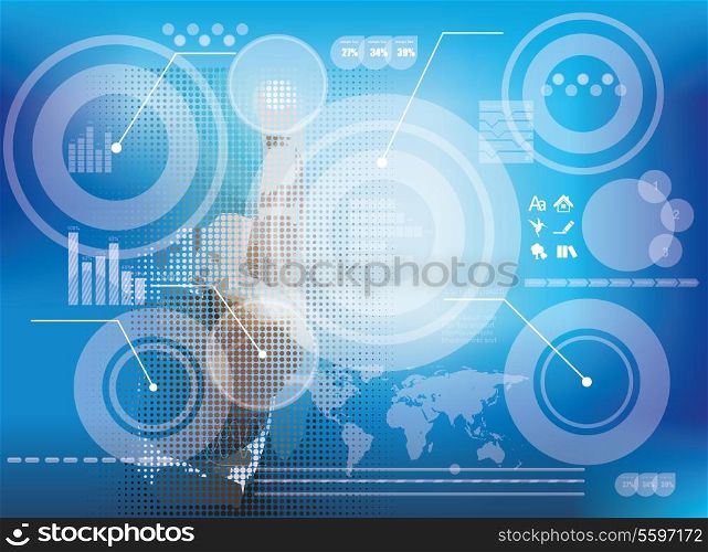 Hand pressing high tech type of modern buttons and business diagram on a virtual background
