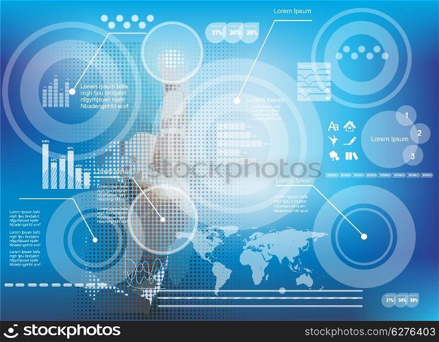 Hand pressing high tech type of modern buttons and business diagram on a virtual background
