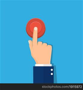 Hand pressing red button. Vector illustration in flat style. Hand pressing red button