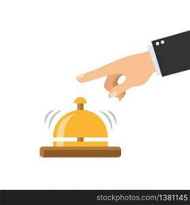 Hand pressing service bell. Receptionist concept. Hotel service bell isolated on white background. Vector stock