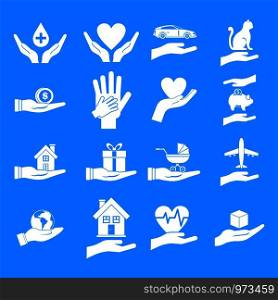 Hand protect icon set. Simple set of hand protect vector icons for web design isolated on blue background. Hand protect icon blue set vector