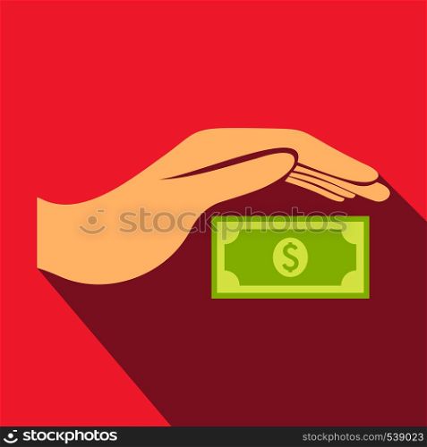 Hand protects dollar banknote icon in flat style on a pink background. Hand protects dollar banknote icon, flat style