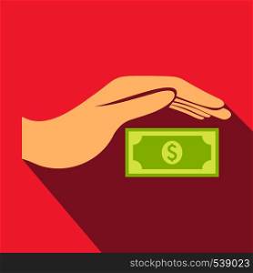 Hand protects dollar banknote icon in flat style on a pink background. Hand protects dollar banknote icon, flat style
