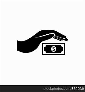 Hand protects dollar banknote icon in simple style on a white background. Hand protects dollar banknote icon, simple style