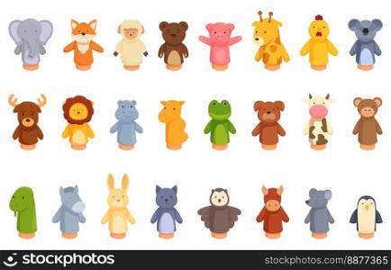 Hand puppet toys icons set cartoon vector. Animal finger. Sock child. Hand puppet toys icons set cartoon vector. Animal finger