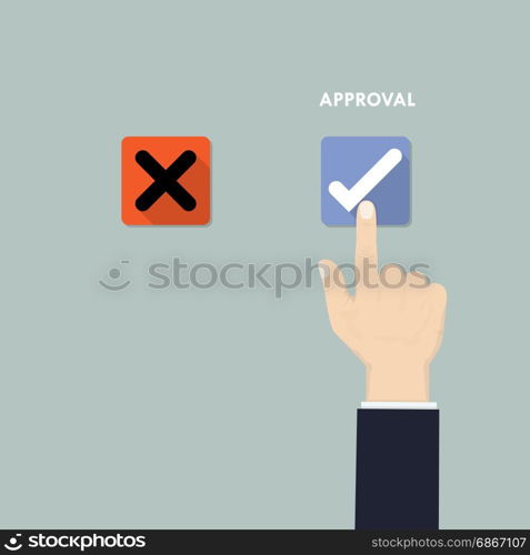 Hand pushing button with checkmark.Rejection and Approval decision concept.Hand, finger pressing buttons Rejection or Approval sign.Flat design vector illustration