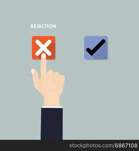 Hand pushing button with checkmark.Rejection and Approval decision concept.Hand, finger pressing buttons Rejection or Approval sign.Flat design vector illustration