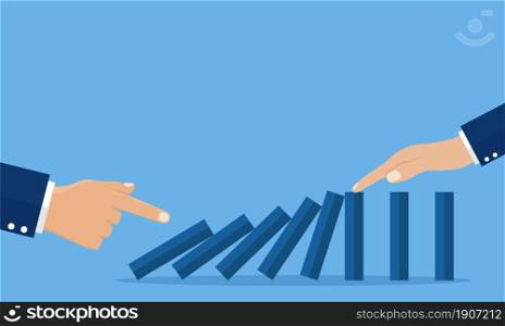 Hand pushing the domino effect, another hand stops it. Stopping chain reaction business solution. Successful intervention. Vector illustration in flat style.. Hand pushing the domino effect