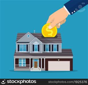 Hand put coin in piggy bank house. Vector illustration in flat style. Hand put coin in piggy bank house.