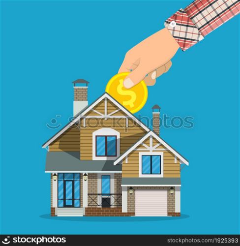 Hand put coin in piggy bank house. Vector illustration in flat style. Hand put coin in piggy bank house.