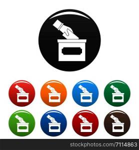 Hand put election box icons set 9 color vector isolated on white for any design. Hand put election box icons set color