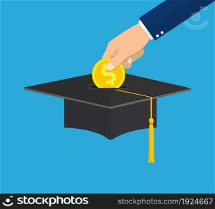 hand put gold coin in graduation cap. education savings and investment concept on blue background. vector illustration in flat design.. hand put gold coin in graduation cap.