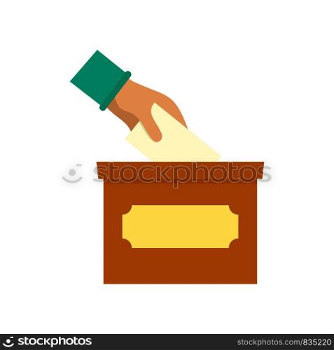 Hand put in election box icon. Flat illustration of hand put in election box vector icon for web isolated on white. Hand put in election box icon, flat style